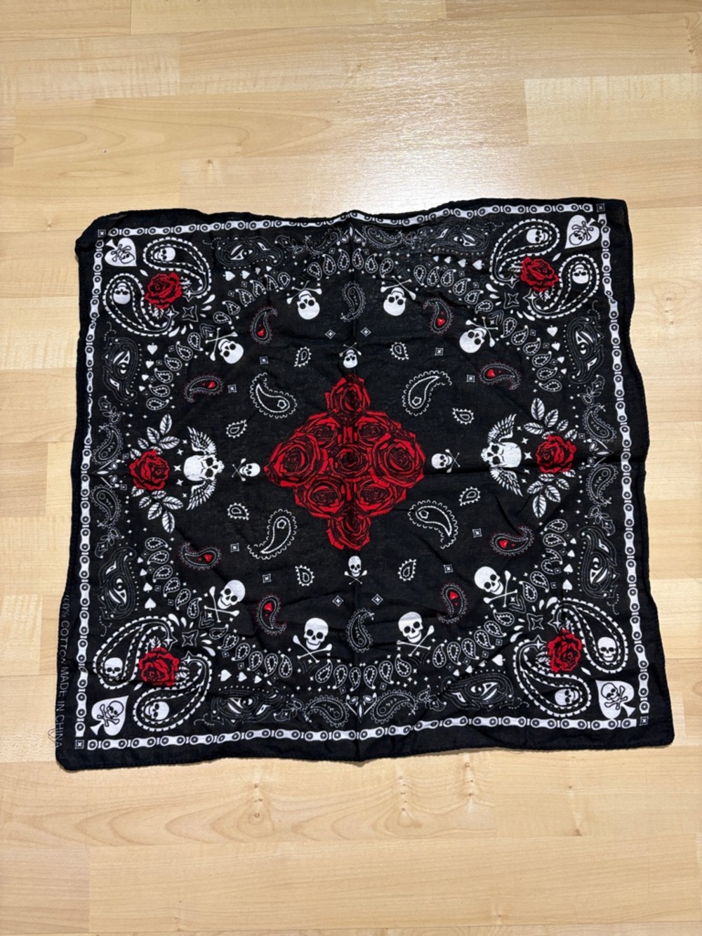 Black Pocket Square with Red Rose & White Skull Print - Men’s Accessory